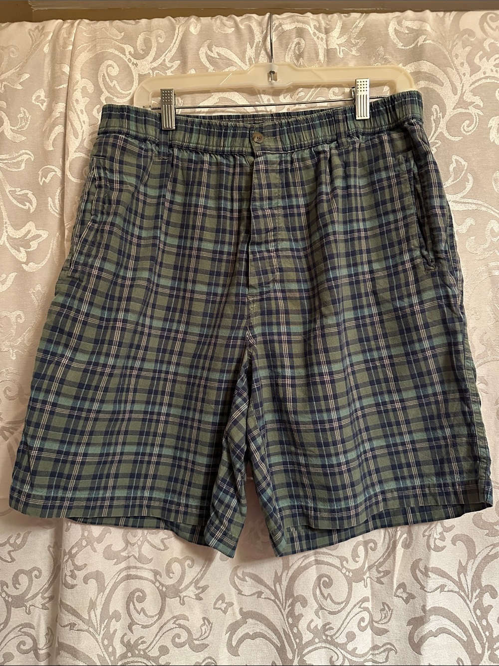 Eddie Bauer Green Plaid Flat-Front Shorts